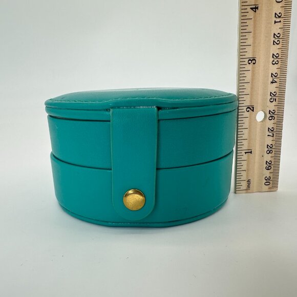 NEW Turquoise Round Travel Jewelry Box Organizer w/ Mirror & Snap Closure - Picture 3 of 7